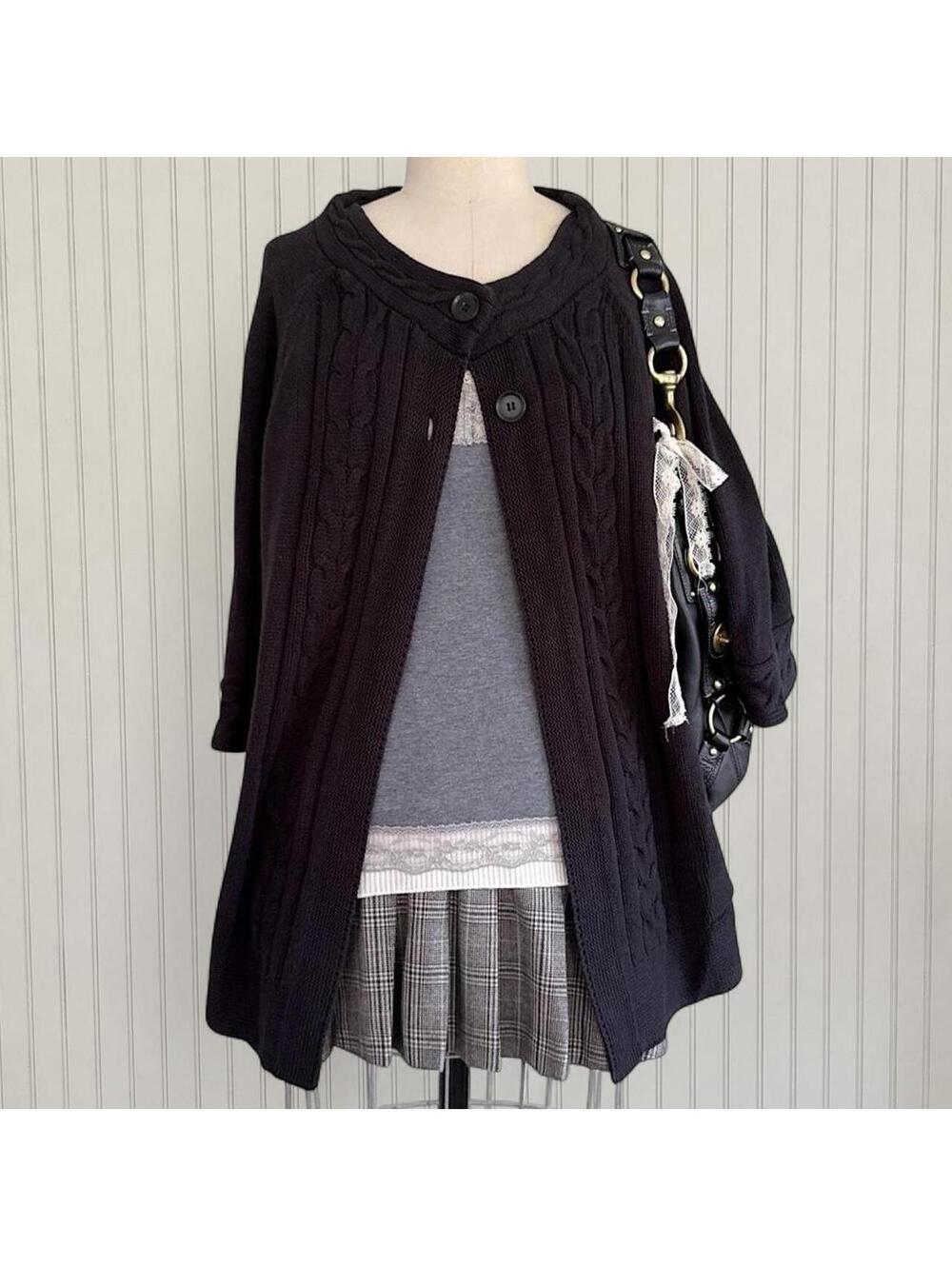 Black Cable Knit Swing Cardigan Double Button Oversized Croft and Barrow